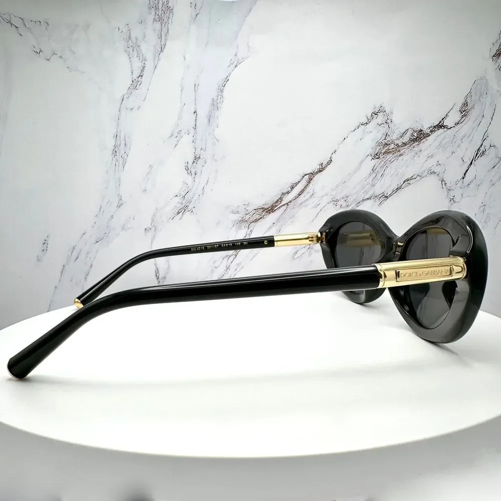 New Dolce & Gabbana Sunglasses Black Oval Cat Eye Gold Metal Logo 54-18